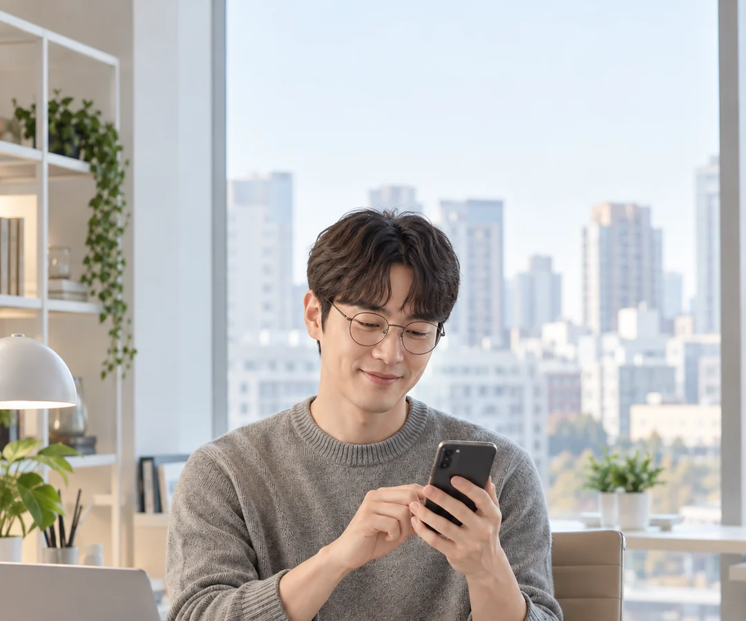 밝은 상담 공간에서 휴대전화로 문의하며 웃고 있는 고객의 모습